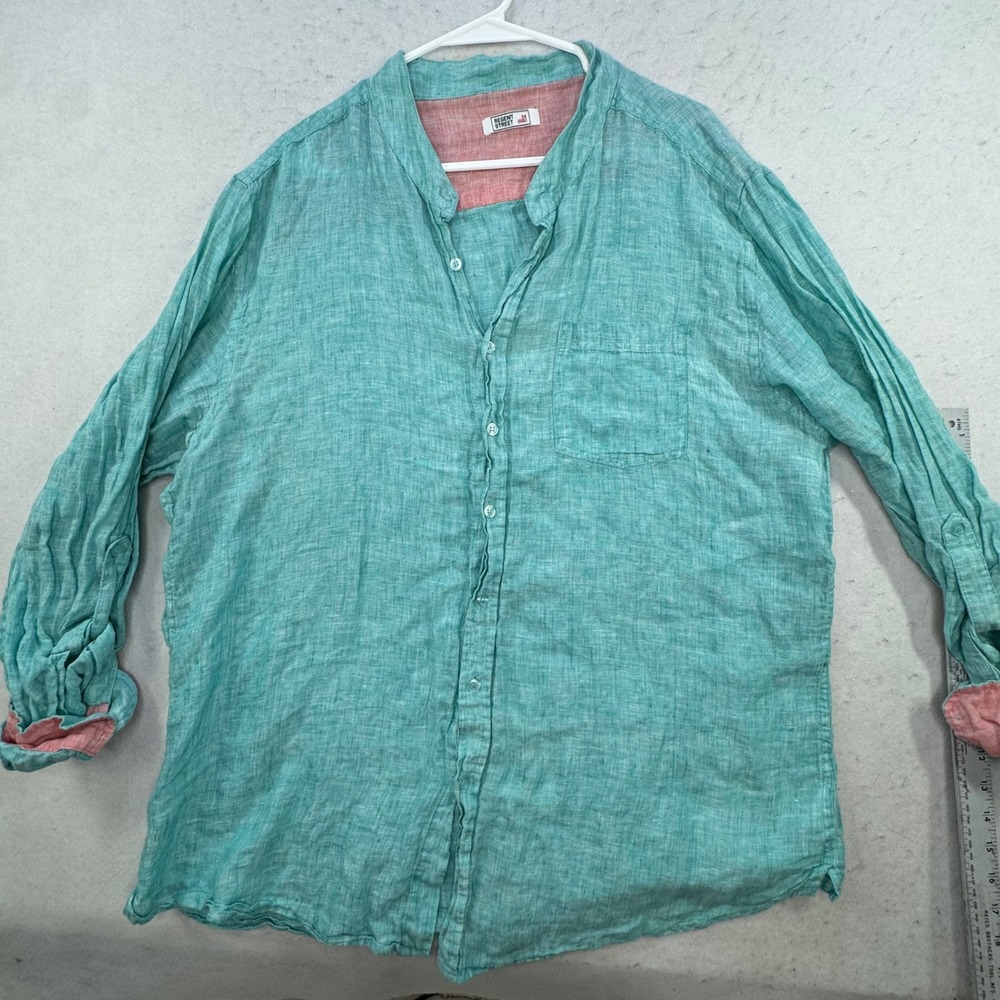 Regent Street Button Up Shirt Mens 2X Teal 100% Linen Band Collar Coastal beach - Picture 10 of 11